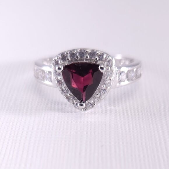Garnet Trillion Ring with CZ SIZE 7-1/2 - Picture 1 of 11
